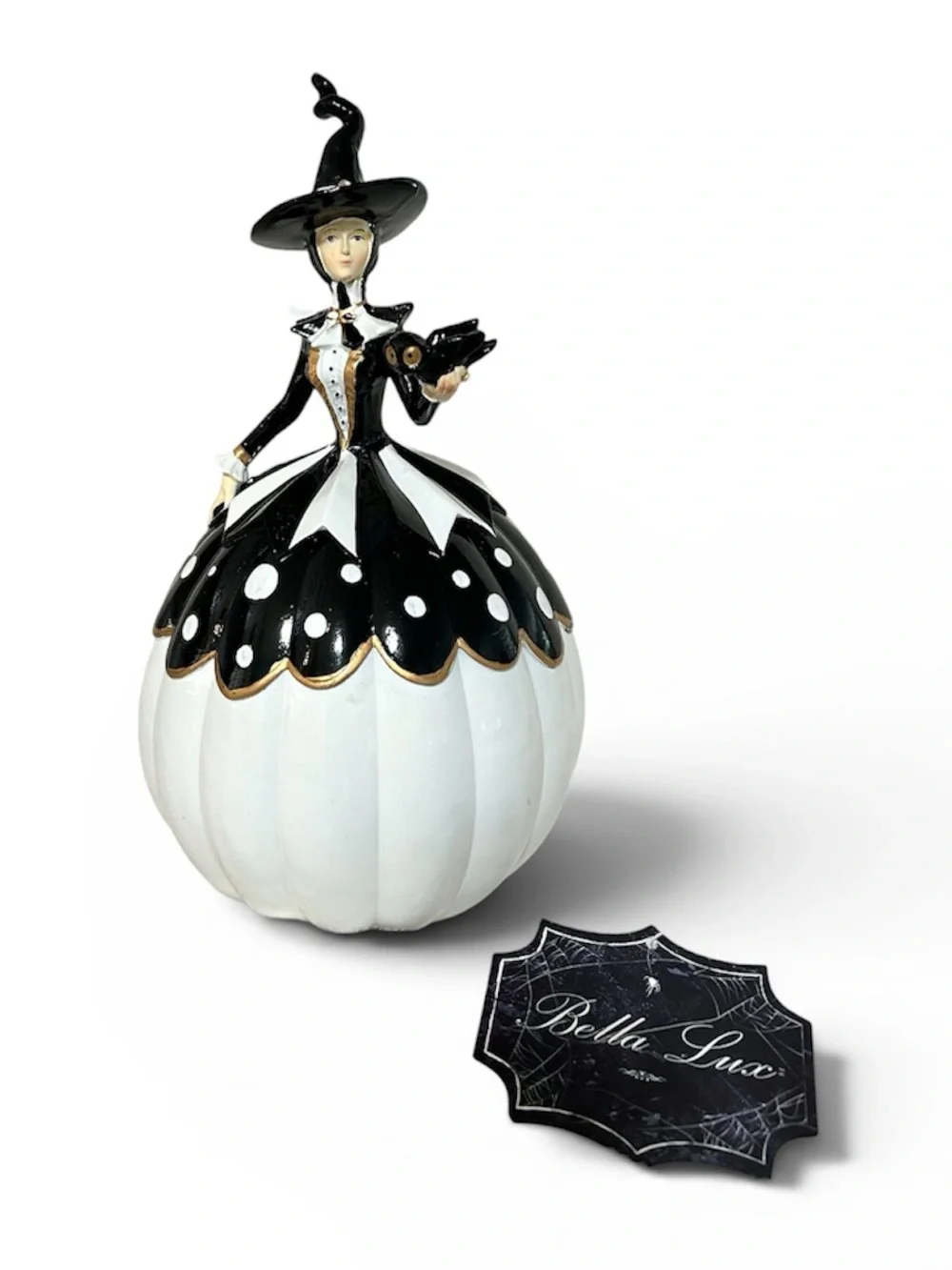 Bella Lux Black & White Witch Pumpkin Halloween Decor Figurine 10” Tall  NWT